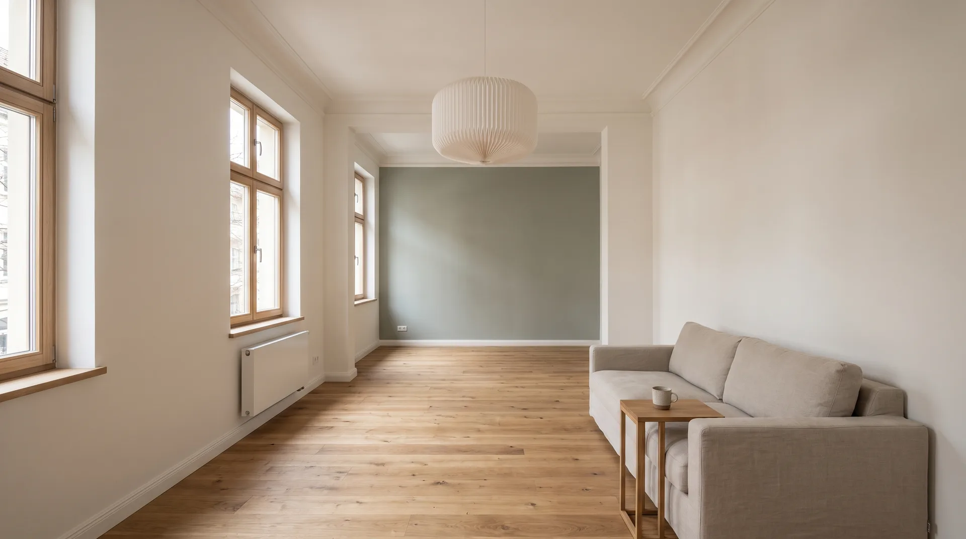 Heller, vollständig sanierter Altbau-Wohnraum mit restauriertem Dielenboden und ruhigen, frisch verputzten Wänden