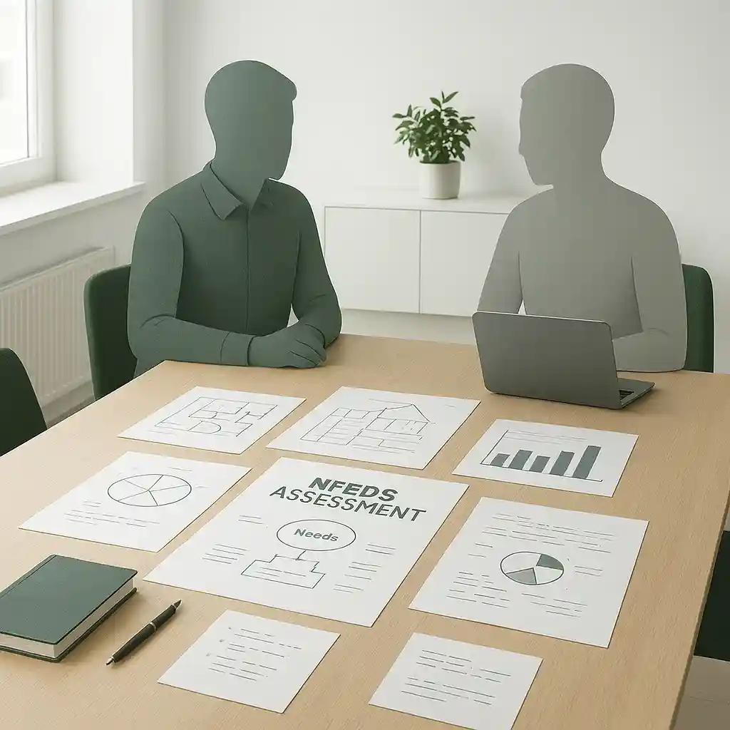 Abstrakte Darstellung eines Besprechungstisches mit Skizzen, Diagrammen und Notizen in Weiß, Grau und dezentem Waldgrün, symbolisiert Beratung und Bedarfsermittlung.