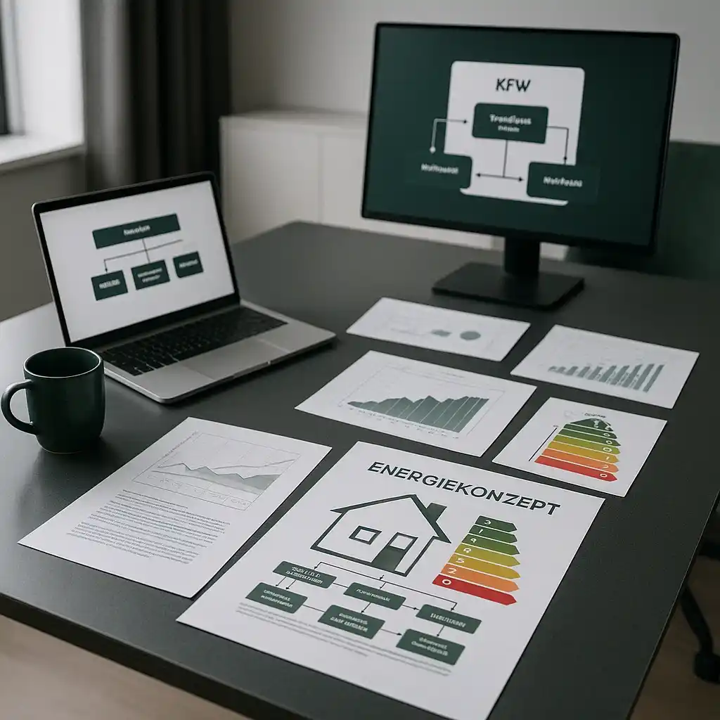 Tische in Grau mit aufliegenden Energieberatungs-Dokumenten, Diagrammen und Fördermittelübersichten auf Laptop- und Monitorbildschirmen.