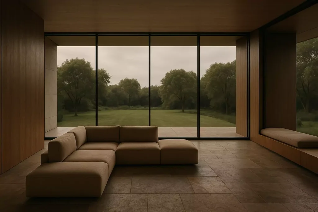 Modernes minimalistisches Wohnzimmer mit bodentiefen Fenstern, Natursteinboden und Blick ins Grüne – Innenarchitektur von Keystone Design
