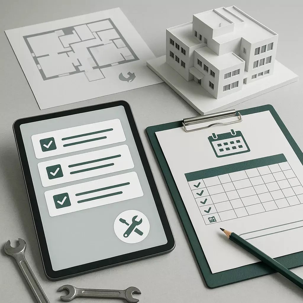 Arbeitsbereich mit digitalen Checklisten, Wartungsplänen und Gebäudemodellen in Weiß, Grau und Waldgrün – symbolisiert kontinuierlichen Service und Nachbetreuung.