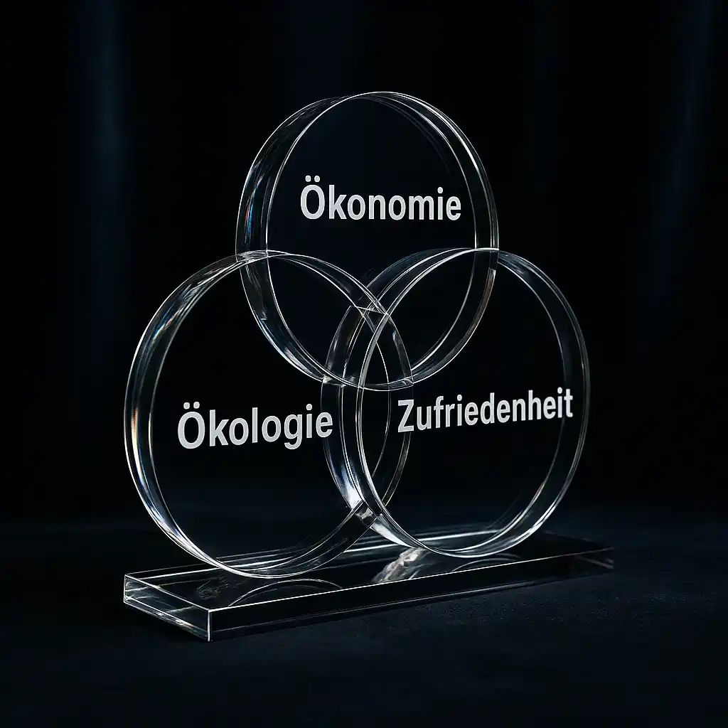 Diagramm mit drei überlappenden Kreisen: Ökonomie, Ökologie, Nutzererlebnis.