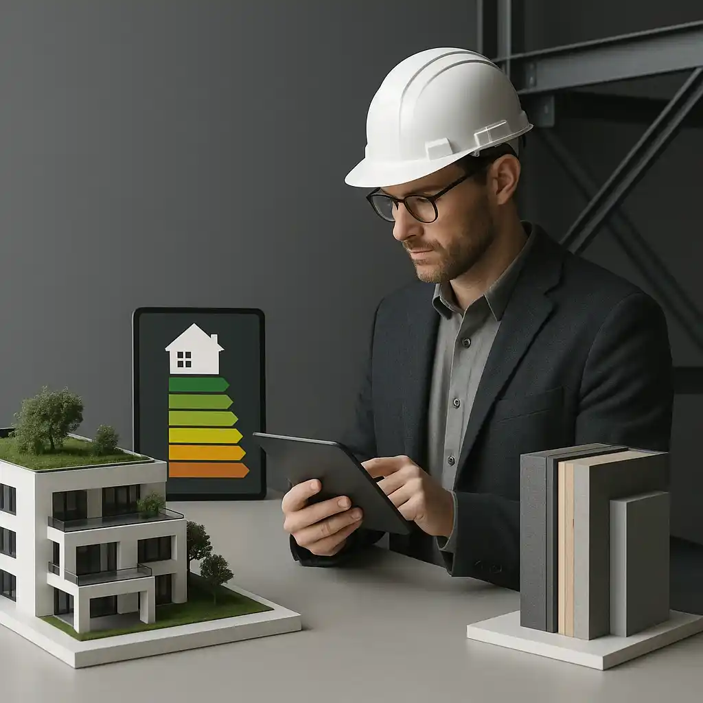 Architektonisch inszeniertes Bild mit Tragstruktur aus Stahl, Wandaufbau-Modell, ESG-Zertifikat, digitalem Gebäudemodell und nachhaltigem Architekturmodell – Ingenieurbüro Bonn mit Fokus auf Präzision und Verantwortung