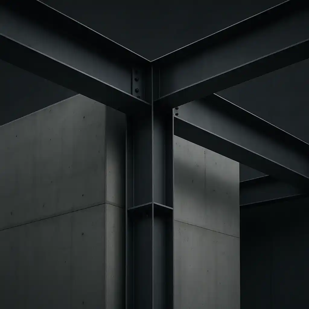 Detailaufnahme einer dunklen Stahlkonstruktion auf Sichtbetonwand – tragendes Element im architektonisch hochwertigen Ingenieurbau