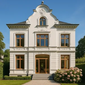 Weiße Gründerzeitfassade mit modernen Holzfenstern, sonniger Garten.