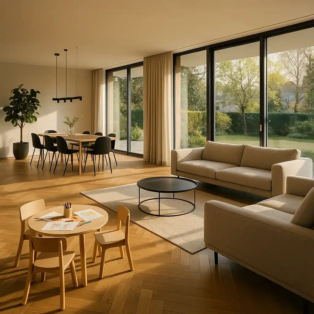 Großzügiger Wohn‑Ess‑Raum mit Eichenparkett, bodentiefen Fenstern, Designer‑Sofas.