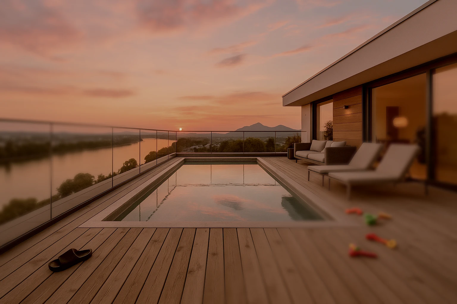 Penthouse-Dachterrasse in Bonn bei Sonnenuntergang mit minimalistischer Architektur und klarer Linienführung