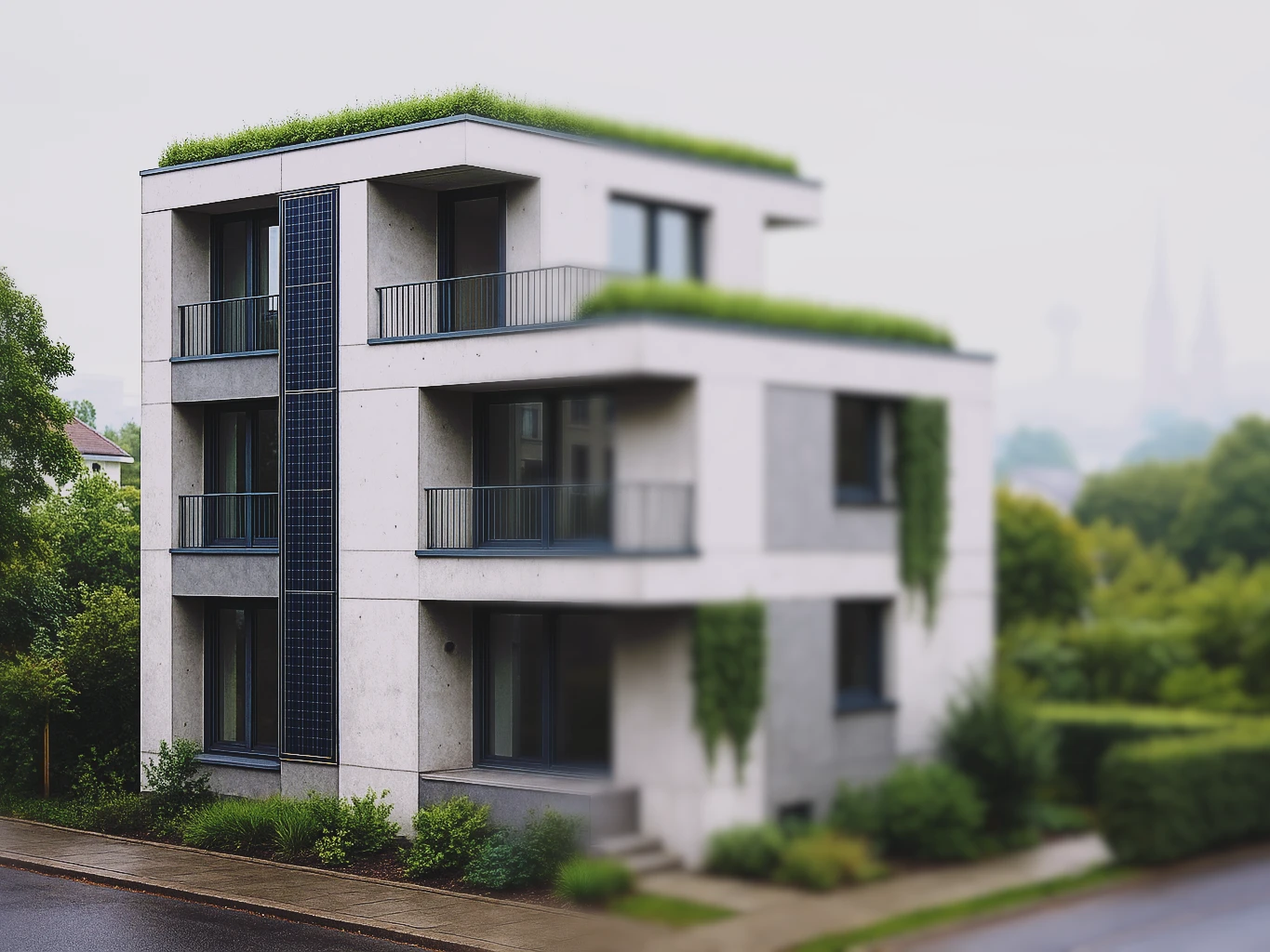 Modernes Mehrfamilienhaus in Bonn mit Flachdachbegrünung, vertikaler Begrünung und Solarfassade