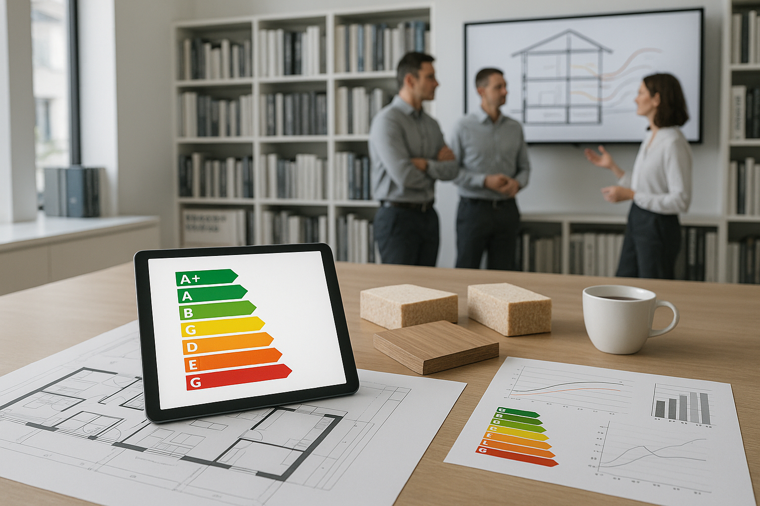 Architekturbüro mit Energieberatung: Energieeffizienzlabel auf Tablet, Baupläne, Dämmmaterialien, Diagramme und Team im Hintergrund