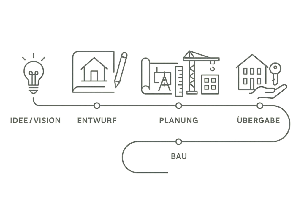Roadmap zur Bauplanung: Idee, Entwurf, Planung, Bau und Übergabe – visualisiert von Keystone Design in Bonn.