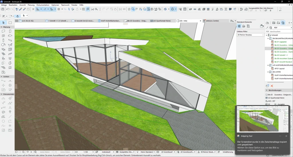 ArchiCAD-Aufsicht des Erdhaus Neubau Dortmund mit Wegführung, Glasfront und Pool