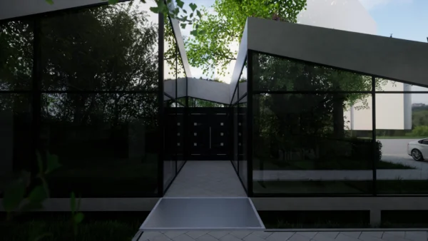 Glasfassaden-Eingang des Erdhaus Neubau Dortmund mit reflektierenden Flächen und Naturumgebung
