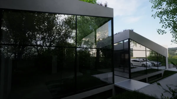 Südseite des Erdhaus Neubau Dortmund mit Glasfassade in Hanglage und modernen Lichtakzenten