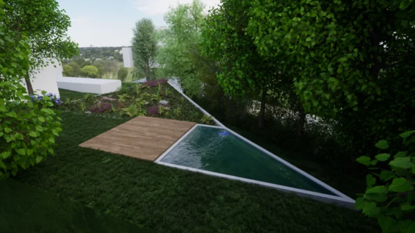Dreieckiger Pool mit Holzdeck oberhalb des Erdhaus Neubau Dortmund in Hanglage