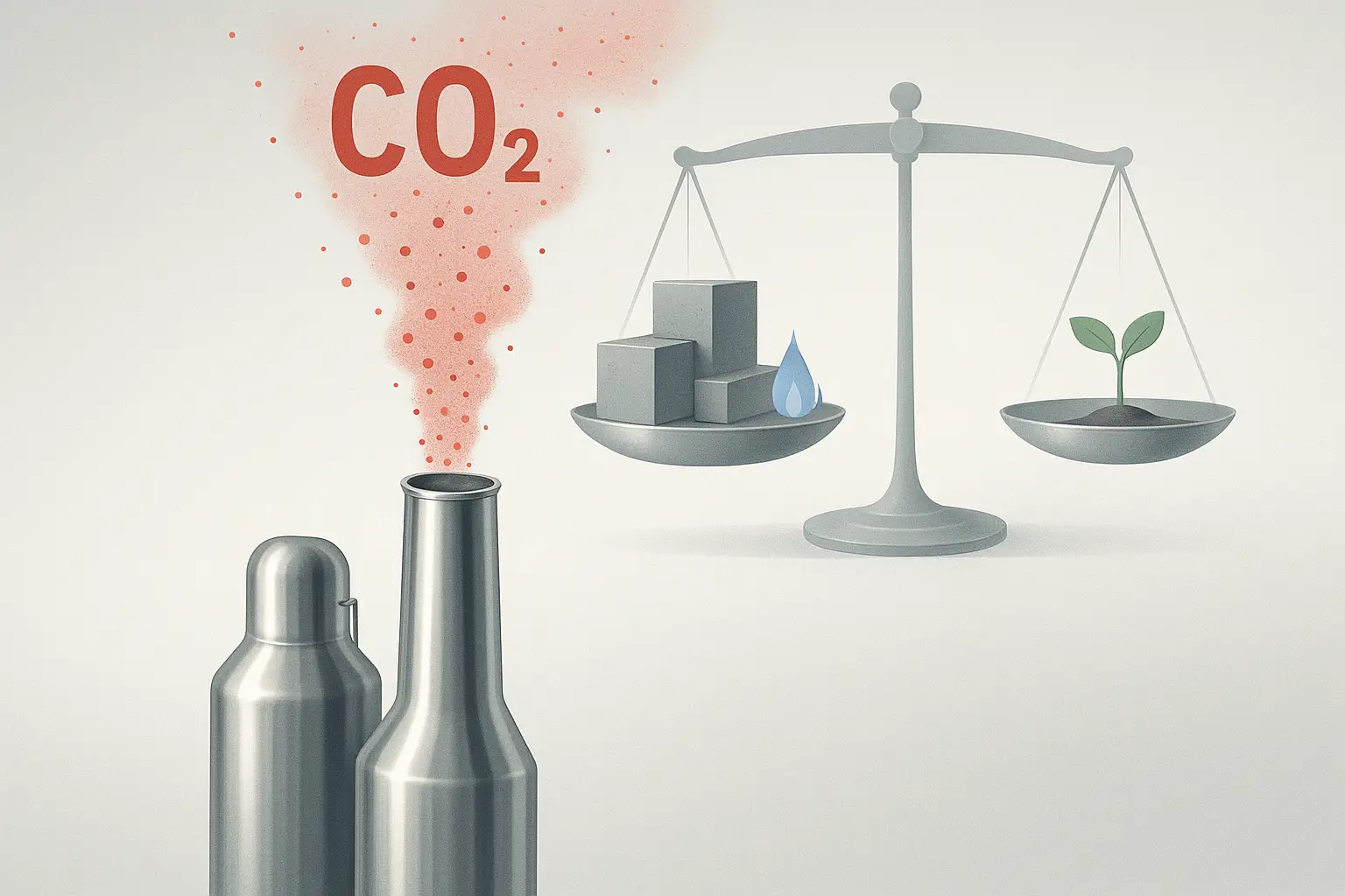 Symbolische Darstellung moderner Gaskraftwerke mit CO₂-Partikeln und Waage, die Verantwortungslosigkeit visualisiert.