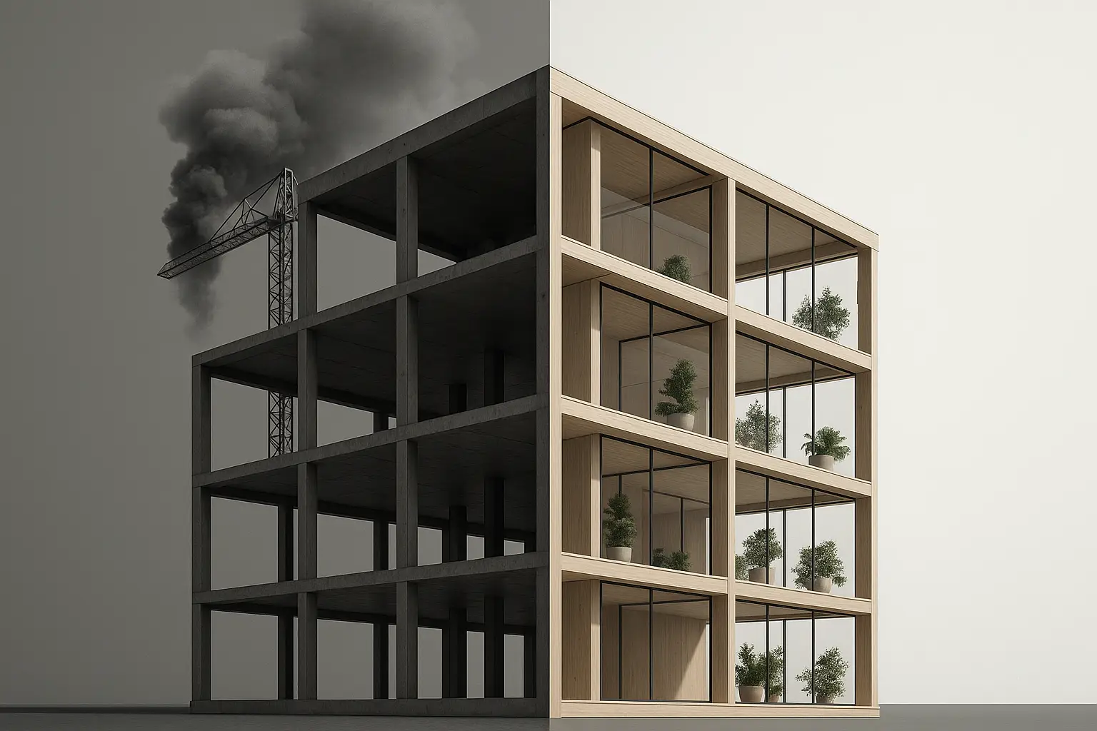 Collage: Beton- und Stahlbau mit Rauchwolken neben Holz- und Glasbau mit Pflanzen, symbolisch für Embodied Carbon.