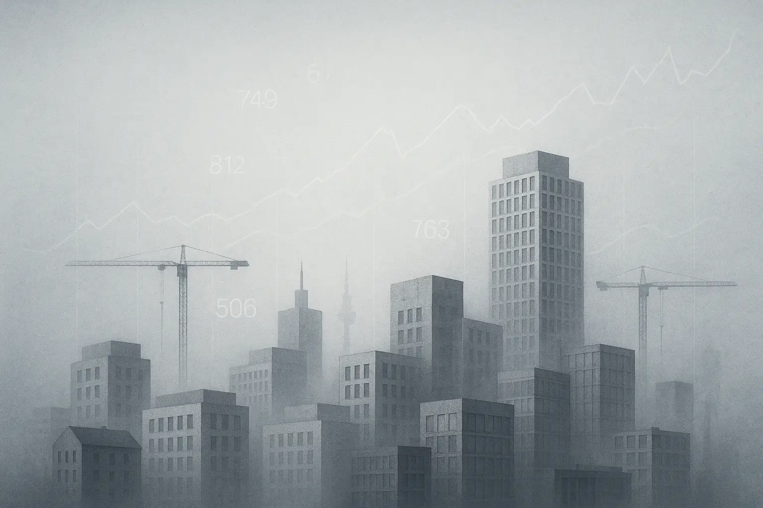 Abstrakte Skyline aus Gebäuden und Baustellen mit grauem Dunst und CO₂-Diagramm-Linien, Symbol für Ressourcenverbrauch und graue Emissionen.
