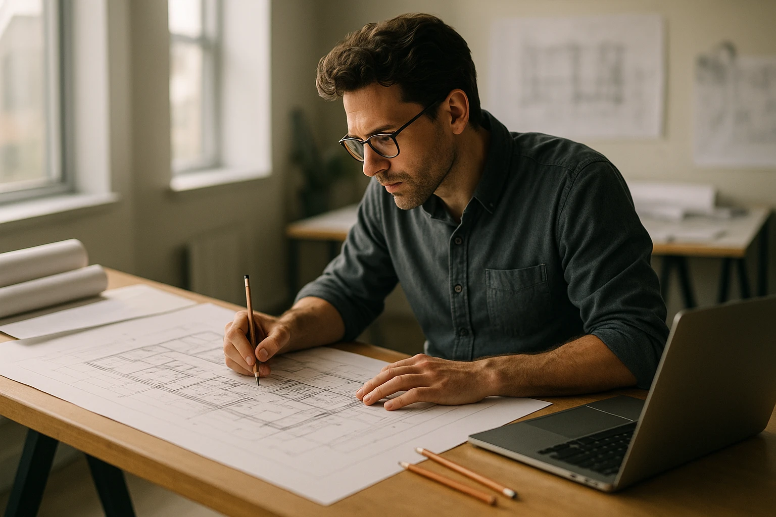 Architekt zeichnet präzise Grundrisse am Arbeitstisch – transparente HOAI-Planung und Sanierungsberatung in Wesseling
