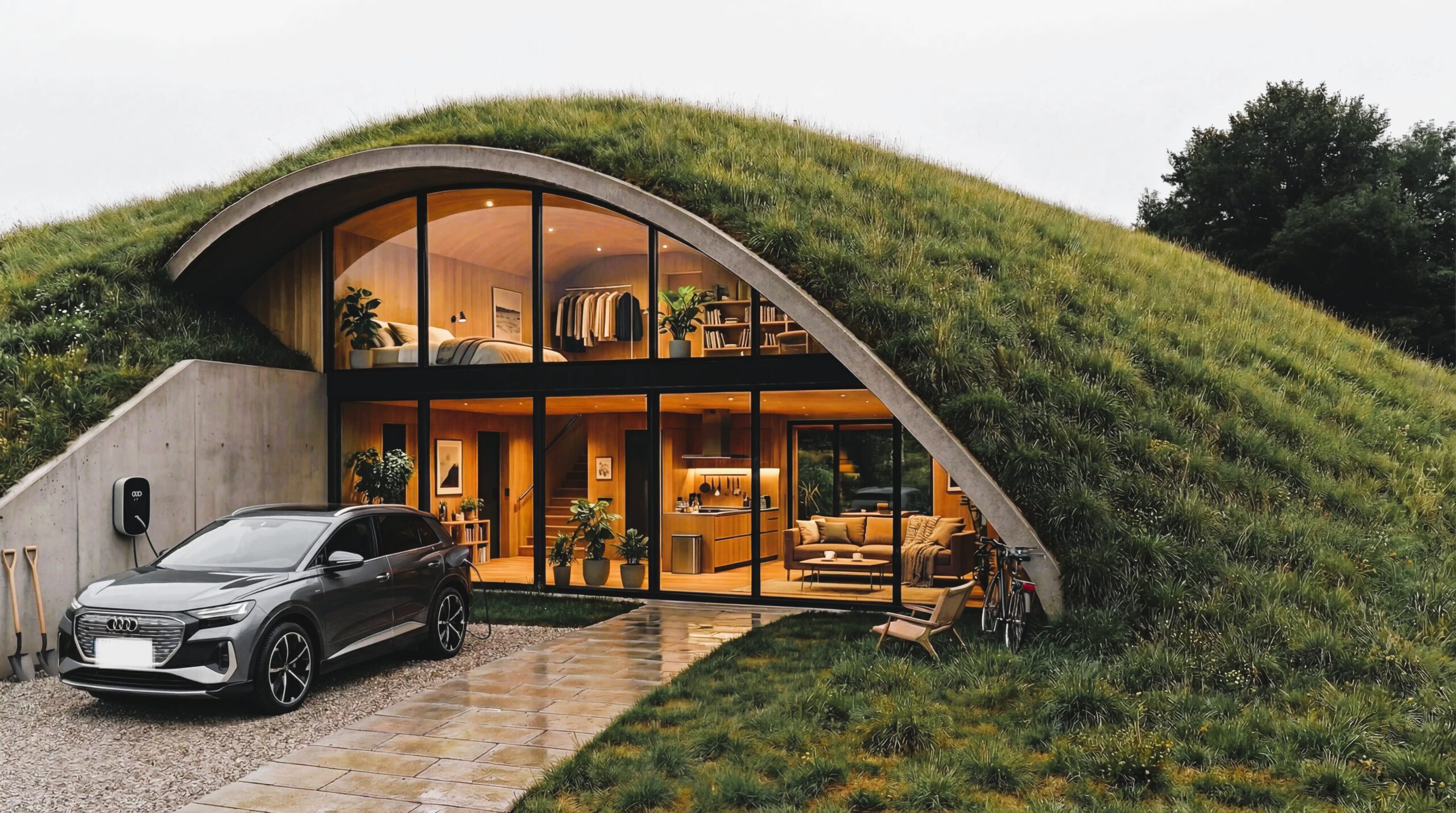 ein Erdhaus - gebaut in einen Hügel mit einem Auto davor.